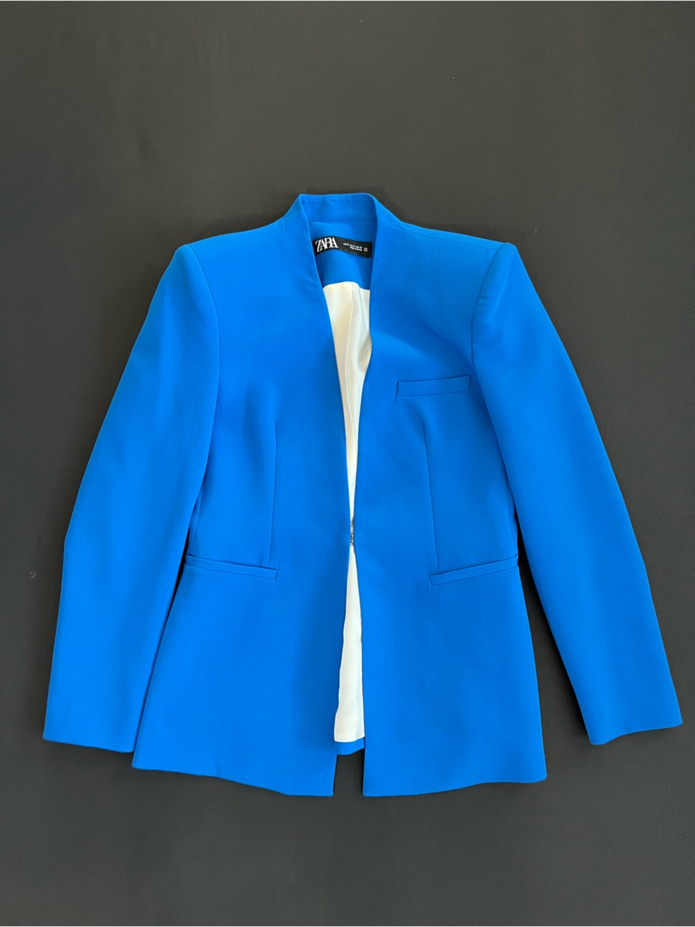 ZARA Electric Cobalt Royal Blue Collarless Blazer Tailored Open Front Jacket - Picture 10 of 13